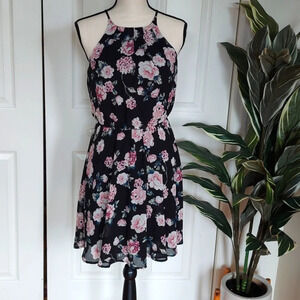 Francesca's Blue Rain Black and Pink Floral Dress Small